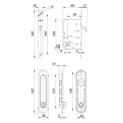 Защелка с ручками для раздвижных дверей SH.SL152.KIT011-BK (Soft LINE SL-011) АВ бронза