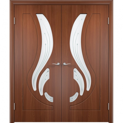 Двустворчатая дверь ПВХ Bravo Лотос, остекленная, итальянский орех 900x2000
