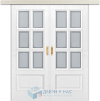 Двустворчатая раздвижная дверь купе ФРЕЙМ 10 остеклённая ясень белоснежный