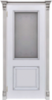 Межкомнатная дверь Багет-32, остеклённая, белая, патина серебро