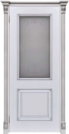 Межкомнатная дверь эмаль Regidoors Багет-32, остеклённая, белая, патина серебро