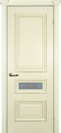 Межкомнатная дверь шпон Текона ФРЕЙМ 05, остекленная ясень слоновая кость, патина золото ст. 1 900x2000