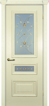 Межкомнатная дверь шпон Текона ФРЕЙМ 05, остекленная ясень слоновая кость, патина золото ст. 2
