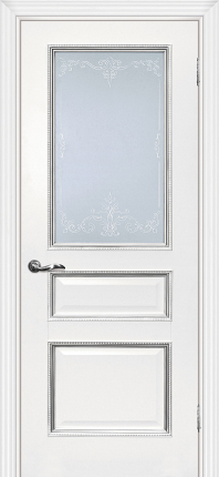 Межкомнатная дверь экошпон Мариам Мурано-2, остекленная, белая, патина серебро
