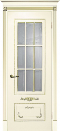 Межкомнатная дверь СМАЛЬТА 09, остеклённая, cлоновая кость патина золото