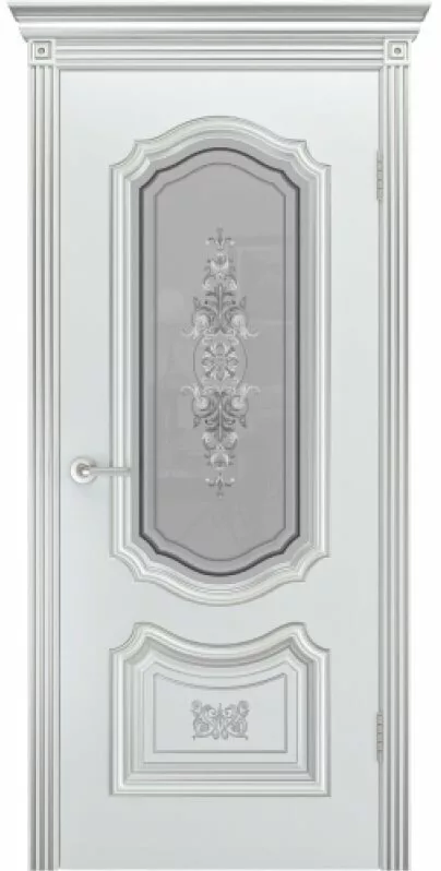 Межкомнатная дверь Соло R-0 B3, остекленная, белый, патина серебро
