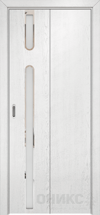 Складная дверь шпонированная Оникс Рондо, глухая, белая эмаль, патина серебро